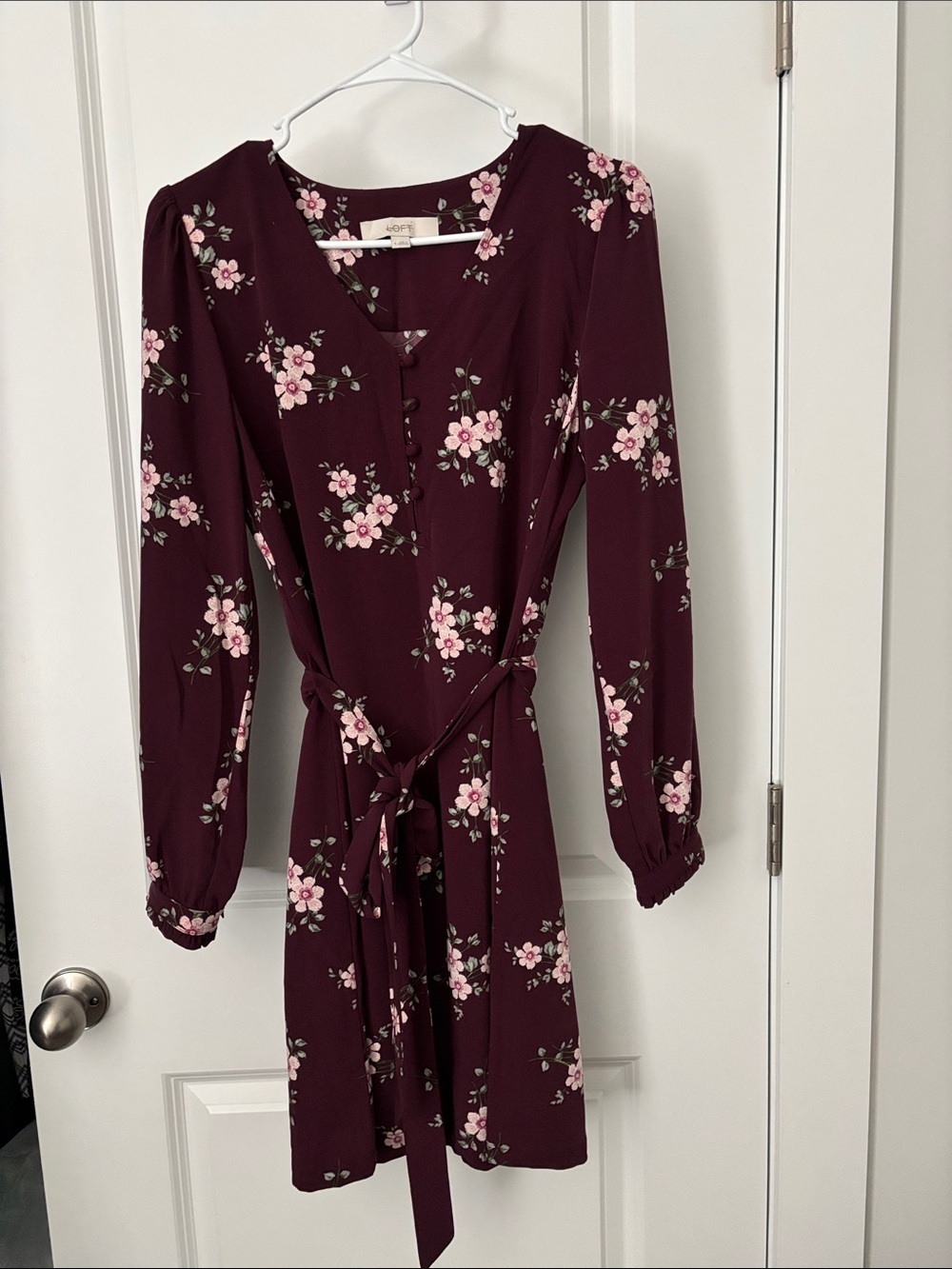 LOFT Burgundy Floral Long-Sleeve Tie-Waist Dress